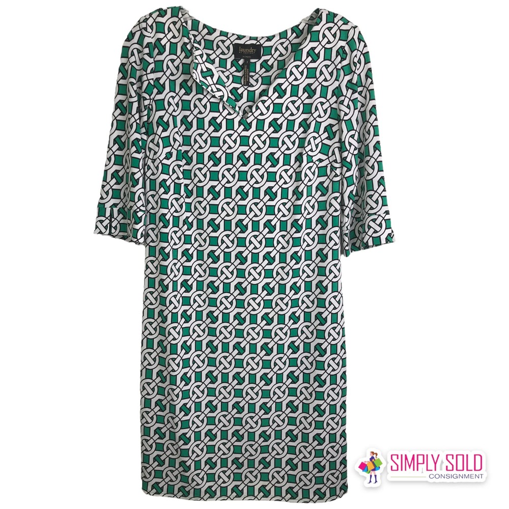 Laundry‎ by Design Women's Shift Dress Green White Black Geometric V-Neck Sz 2
